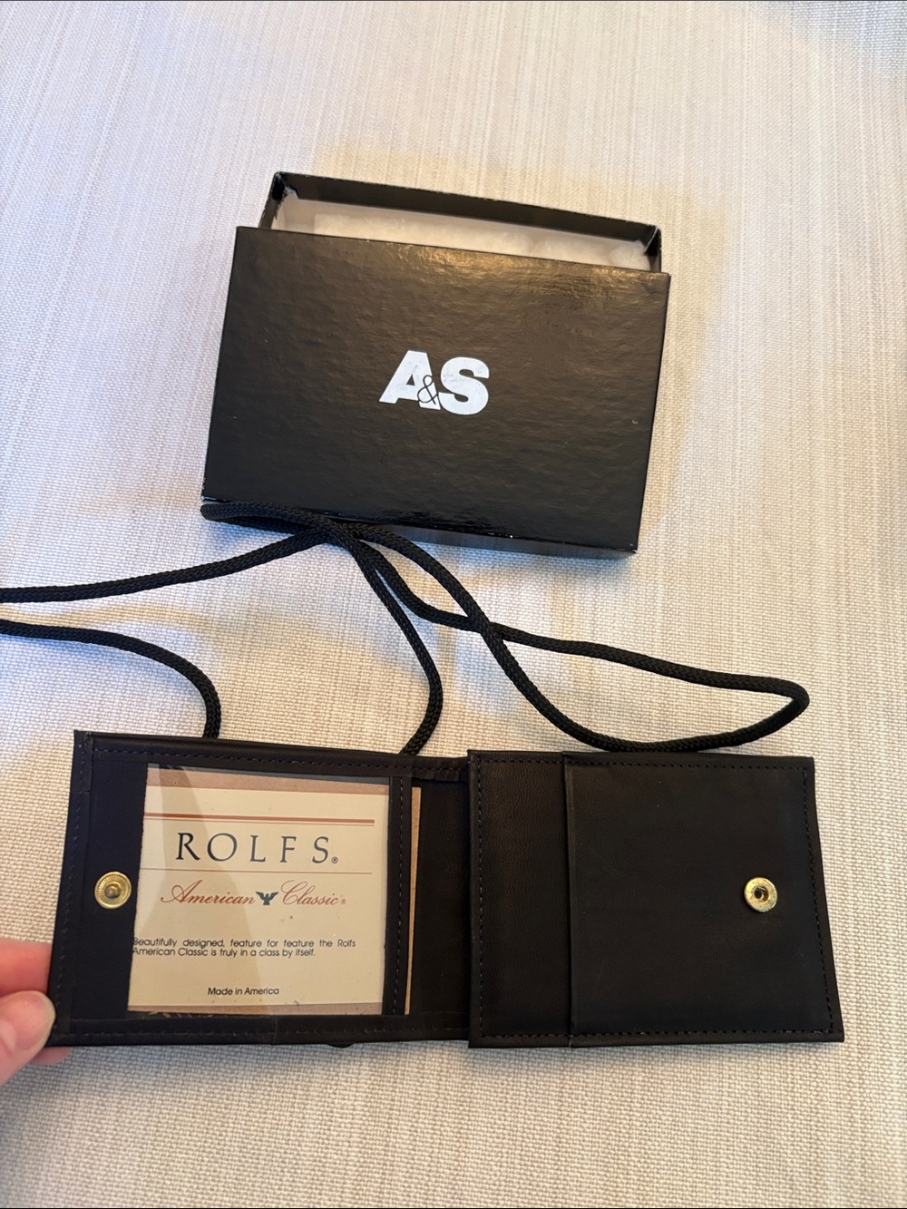 Vintage Rolfs Black Leather Wallet with Gold-Tone Snap and Strap